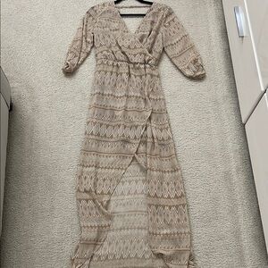 Tan 3/4 Sleeve Bishop Sleeve V-Neck Sundress for Wedding Guest